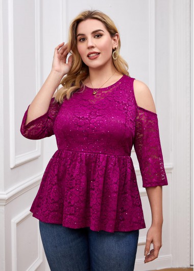 Modlily Plus Size Cold Shoulder Lace Stitching T Shirt - 2X