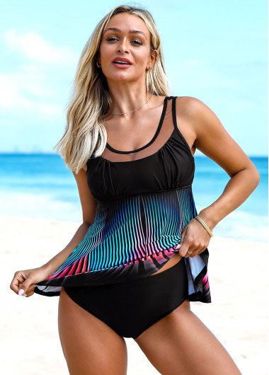Modlily Geometric Print Mesh Stitching Tankini Set - S