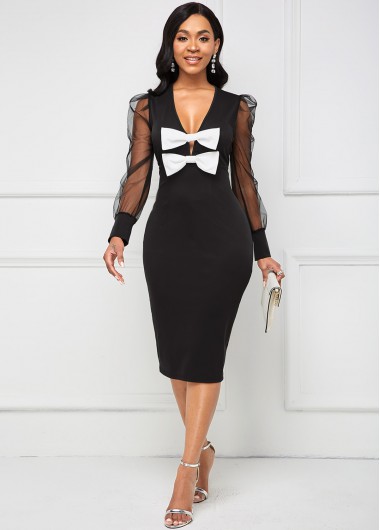 Modlily Bowknot V Neck Mesh Long Sleeve Dress - L