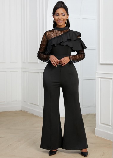 Modlily Flounce Lace Stitching Black Long Sleeve Jumpsuit - M