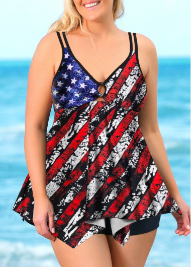 Modlily Plus Size American Flag Print Asymmetric Hem Swimdress and Shorts - 2X