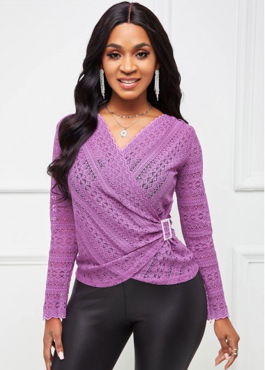 Modlily Lace V Neck Rhinestone Buckle T Shirt - XL