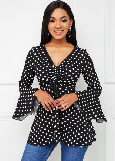 Modlily Drawstring Front Flare Sleeve Polka Dot Tunic Top - XL