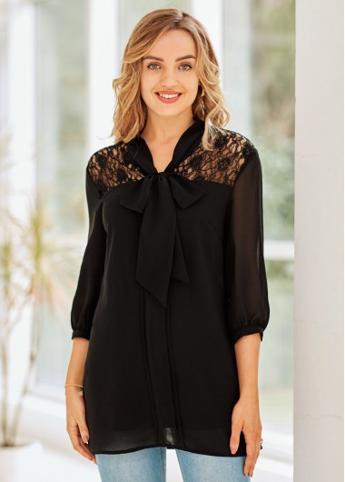 women clothes image of Tie Neck Lace Stitching 3/4 Sleeve Blouse