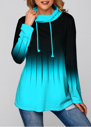 Modlily Cyan&amp;Black Long Sleeve Ombre Cowl Neck Drawstring Hoodie - XXL