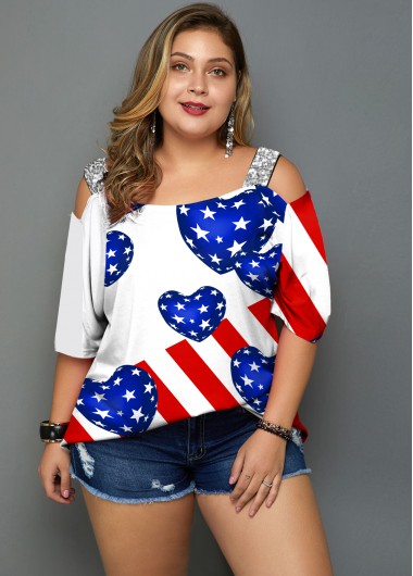 Modlily Plus Size Independence Day July 4Th American Flag Print Cute Heart Shape American Flag Print Cold Shoulder T Shirt - 1X