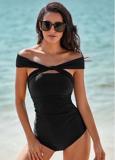 Modlily Off Shoulder Cross Front One Piece Swimwear - M