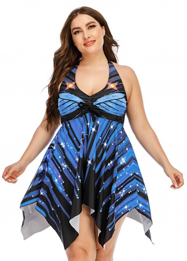 Modlily Plus Size Asymmetric Hem Printed Swimdress and Panty - 3XL