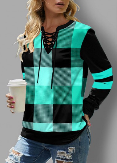 Modlily Mint Green Plaid Lace Up Sweatshirt - L