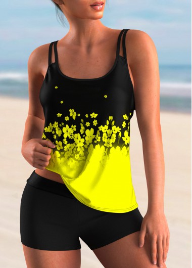 Modlily Floral Print Spaghetti Strap Ombre Tankini Set - L