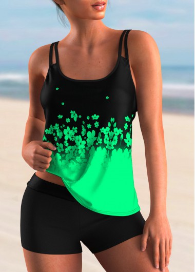 Modlily Floral Print Spaghetti Strap Ombre Tankini Set - S