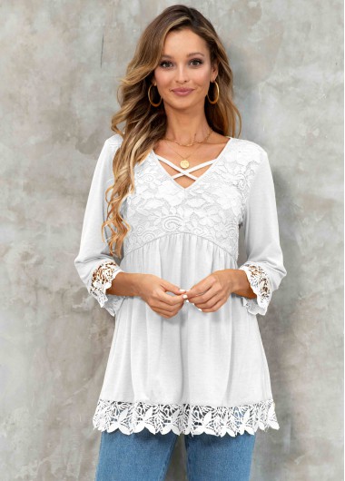 Modlily Lace Stitching Cross Strap 3/4 Sleeve T Shirt - M