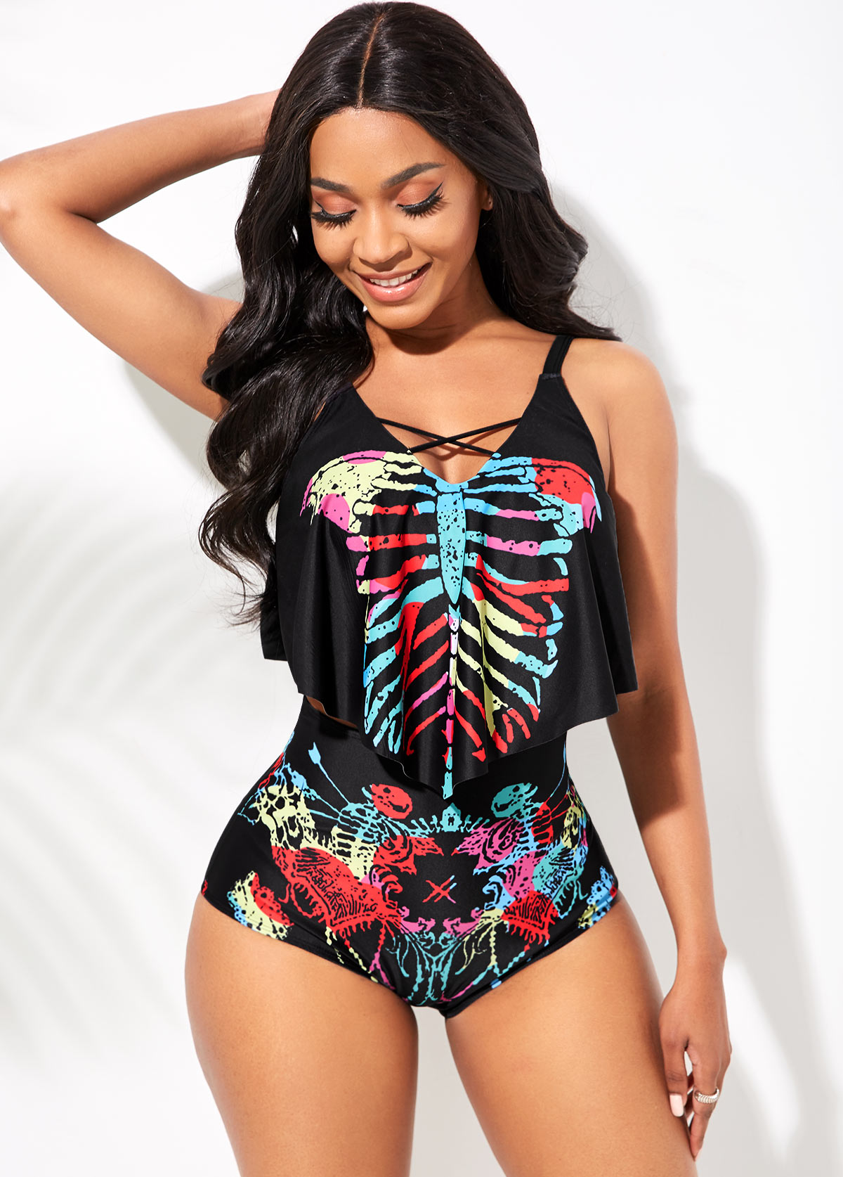 High Waist Skeleton Print Cutout Neck Bikini Set