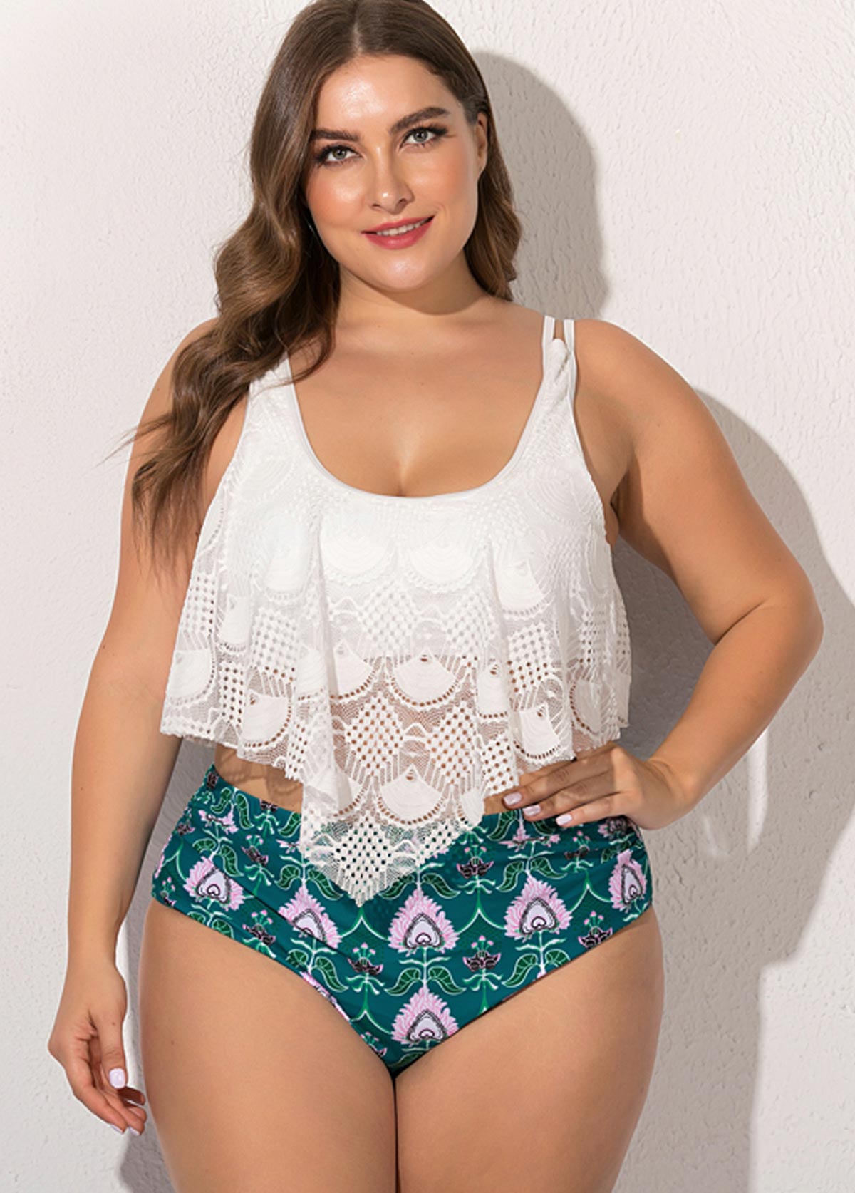 Plus Size Lace Stitching Floral Print Bikini Set