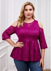 Plus Size Cold Shoulder Lace Stitching T Shirt | thumb picture 
