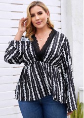 Plus Size Lace Trim Printed Blouse