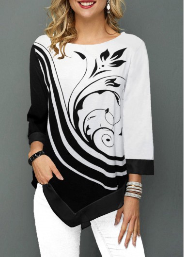 Modlily Black And White Color Block Floral Print Asymmetric Hem 3/4 Sleeve Round Neck Tunic Top Blouse - S