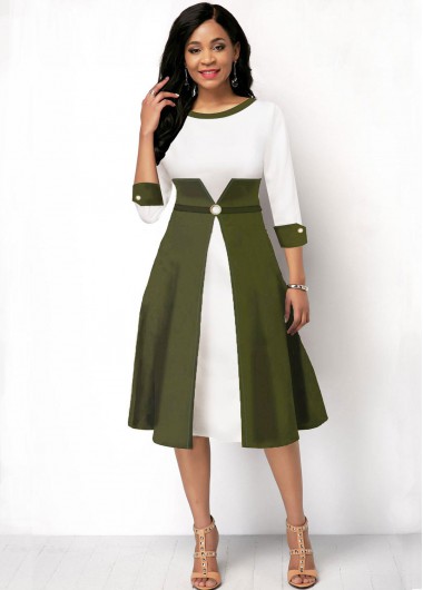 Modlily Color Block Round Neck Three Quarter Sleeve Dress - M
