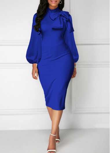 Modlily Lantern Sleeve Bowknot Neck Royal Blue Sheath Dress - M