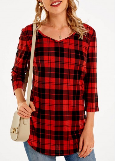 Modlily Plaid V Neck 3/4 Sleeve T Shirt - L