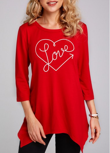 Modlily Heart and Letter Print Asymmetric Hem 3/4 Sleeve T Shirt - L