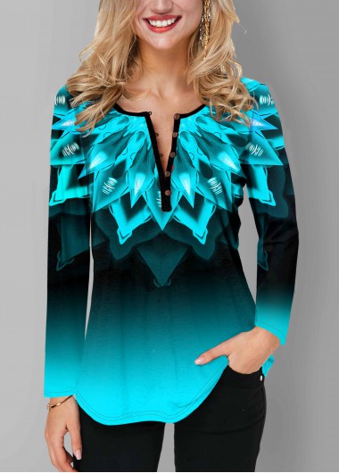 Modlily Printed Long Sleeve Ombre Button T Shirt - M