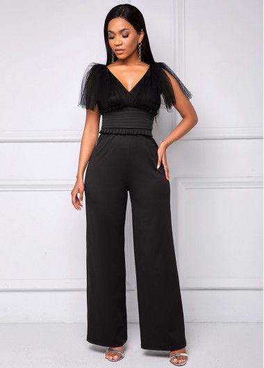Modlily Mesh Stitching V Neck Black Jumpsuit - S