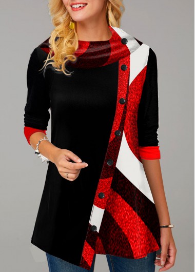 Modlily Contrast Button Detail Asymmetric Hem Tunic Top - M