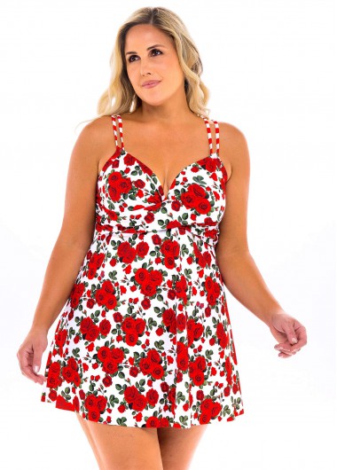 Modlily Plus Size Floral Print Spaghetti Strap Swimdress and Panty - 1X