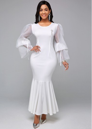 Modlily White Round Neck Long Sleeve Mermaid Dress - M