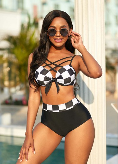Modlily Plaid Bowknot High Waisted Bikini Set - L