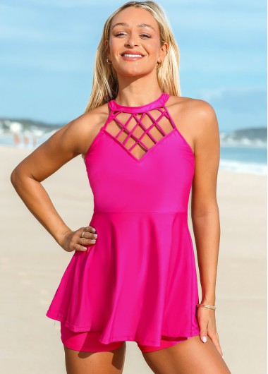 Modlily Lattice Front Solid Swimdress and Shorts - S