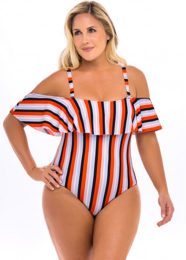 Modlily Plus Size Striped Cold Shoulder One Piece Swimwear - 2X