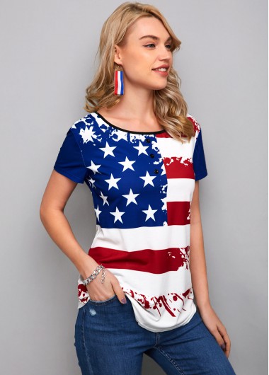 Modlily American Flag Print Round Neck T Shirt - M