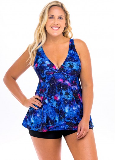 Modlily Plus Size Colorful Spaghetti Strap Swimdress and Shorts - 4X
