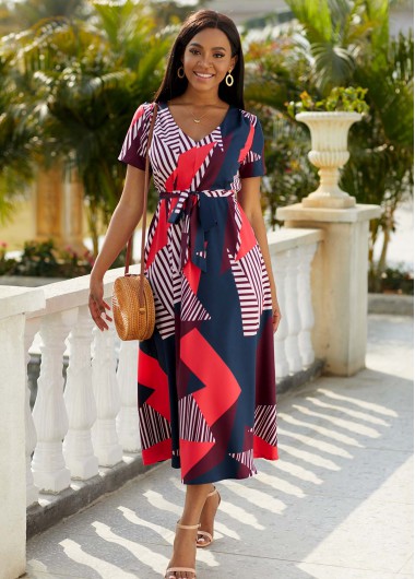 Modlily Striped V Neck Short Sleeve Belted Dress - S