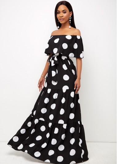 Modlily Polka Dot Off Shoulder Belted Dress - M