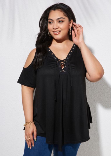 Modlily Plus Size Lace Up Cold Shoulder T Shirt - 1X