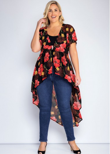 Modlily Plus Size Floral Print Dovetail Pendulum Blouse - 3X