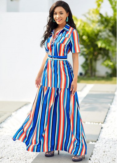 Modlily Rainbow Stripe Turndown Collar Button Detail Maxi Dress - M