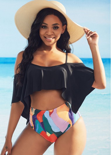 Modlily Printed Ruffle Overlay High Waisted Bikini Set - L