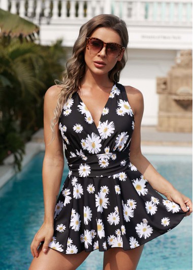 Modlily Daisy Print Cage Back Swimdress and Shorts - S