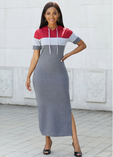 Modlily Contrast Drawstring Hooded Collar Maxi Dress - L