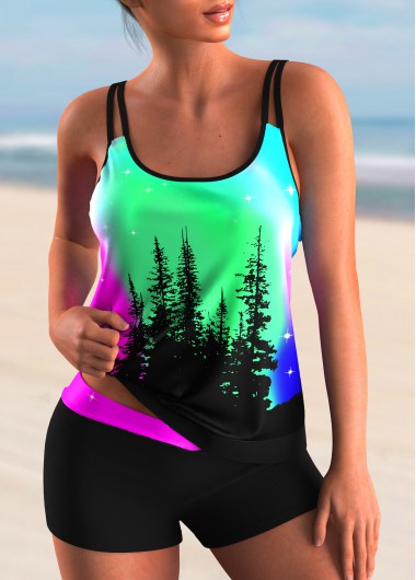 Modlily Scape Print Spaghetti Strap Tankini Set - L