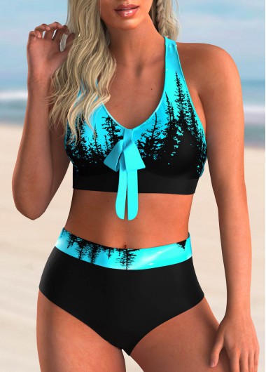 Modlily Scape Print High Waisted Bowknot Bikini Set - M