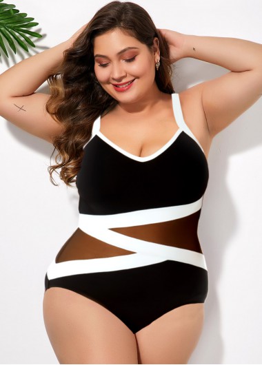 Modlily Plus Size Contrast Mesh Stitching One Piece Swimwear - 2X