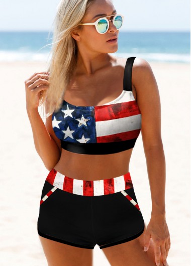 Modlily American Flag Print High Waisted Bikini Set - M