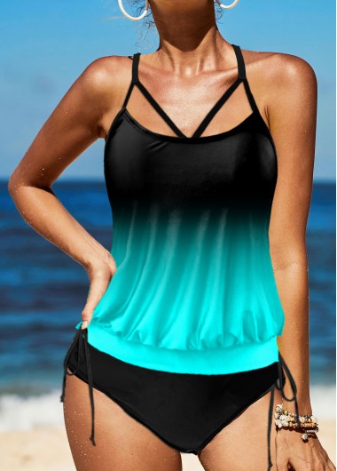Modlily Gradient Criss Cross Back Tie Side Tankini Set - M