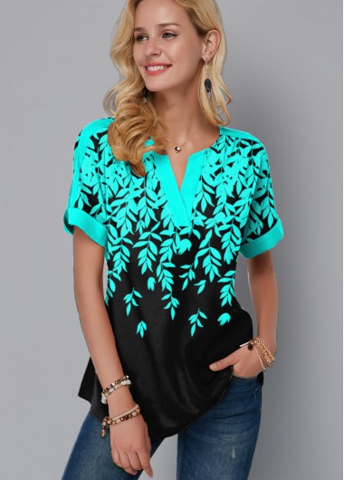 Modlily Gradient Leaf Print Split Neck Blouse - S