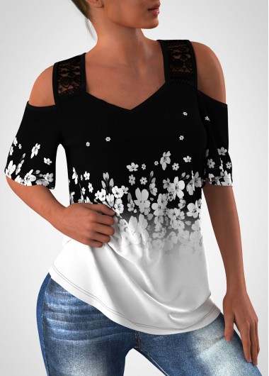 Modlily Floral Print Cold Shoulder Lace Stitching T Shirt - S